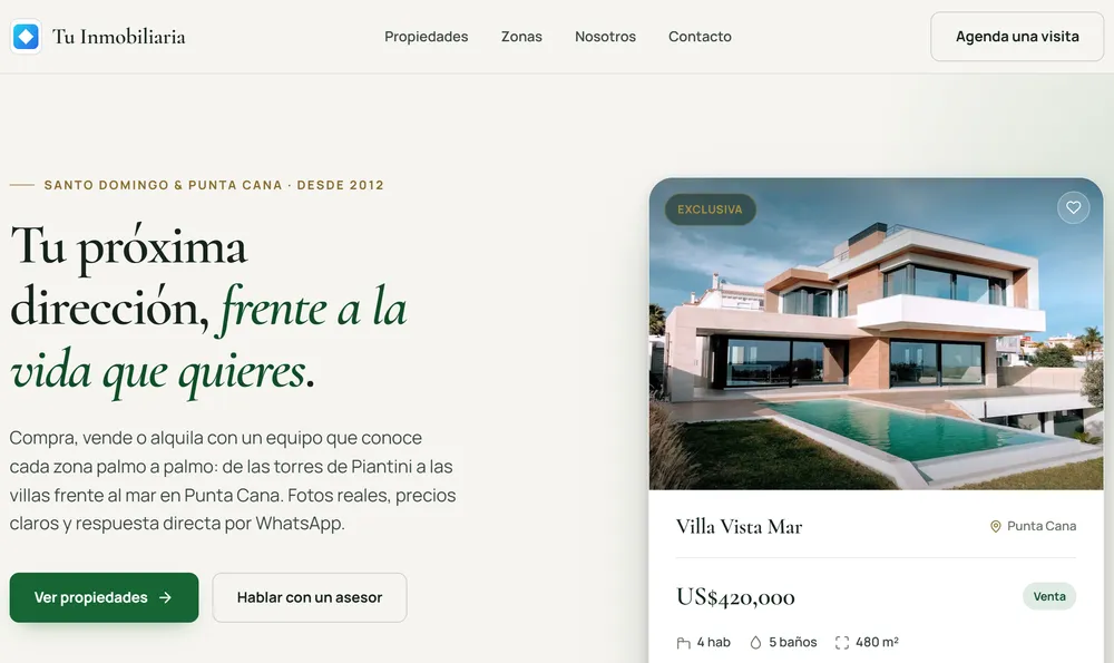 El demo del portal inmobiliario con el nombre «Tu Inmobiliaria» y un logo de muestra